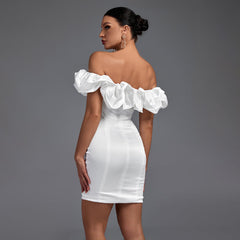 Off Shoulder Short Sleeve Frill Mini Bodycon Dress