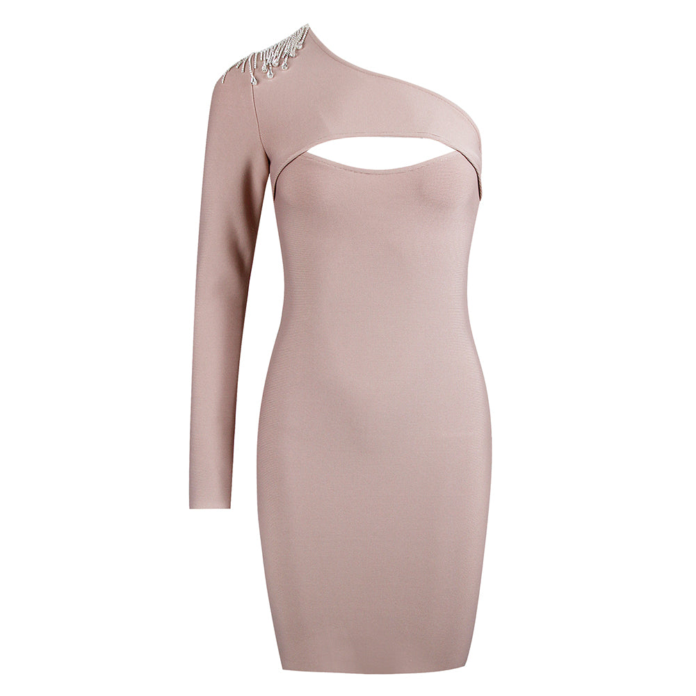 One Shoulder Long Sleeve Drill Chain Mini Bandage Dress