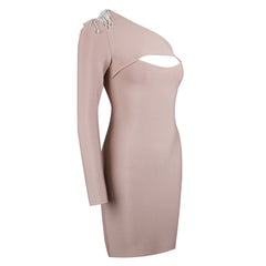 One Shoulder Long Sleeve Drill Chain Mini Bandage Dress