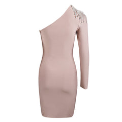 One Shoulder Long Sleeve Drill Chain Mini Bandage Dress