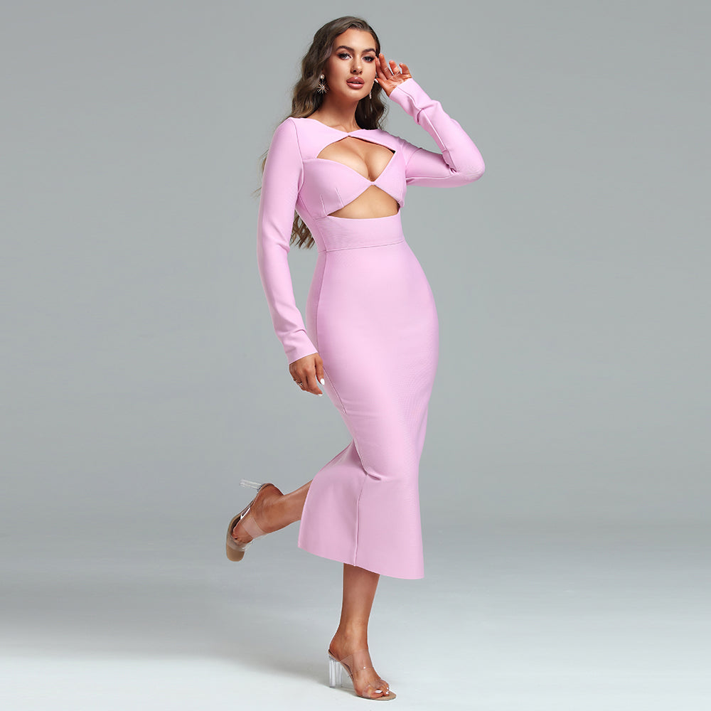 Round Neck Midi Hollow-out Bandage Dress