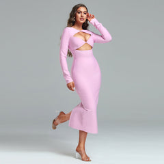 Round Neck Midi Hollow-out Bandage Dress