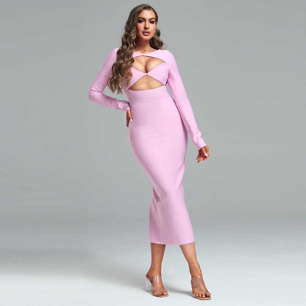 Round Neck Midi Hollow-out Bandage Dress