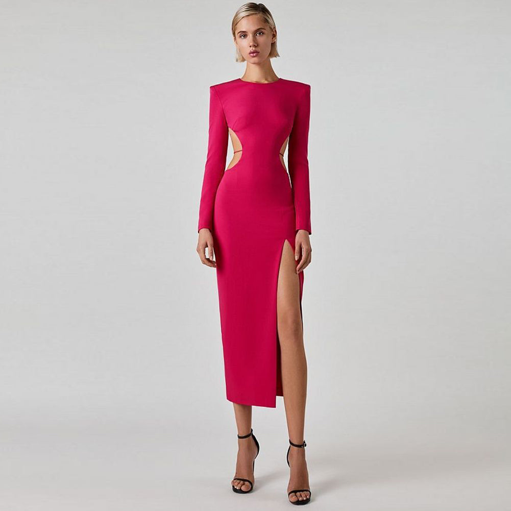 Round Neck Open Waist Midi Bandage Dress