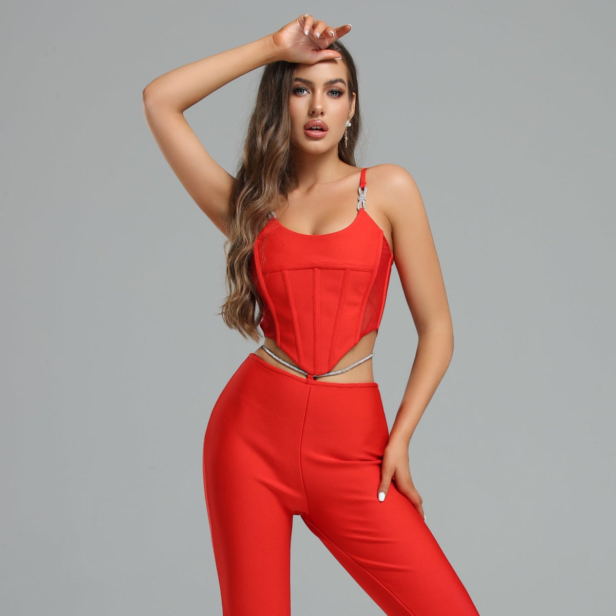 Waist Strap Flare Pants&Top Bandage Set