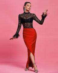 Long Sleeve Feather Lace Maxi Dress