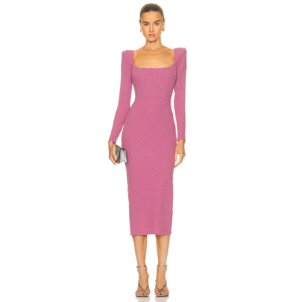 Square Collar Midi Color Diamond Bandage Dress