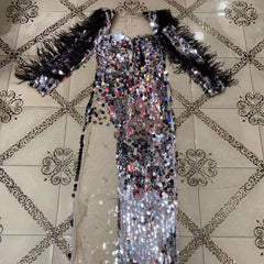 Square Collar Long Sleeve Sequins Maxi Bodycon Dress