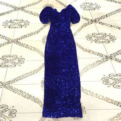 Square Collar Short Sleeve Sequined Maxi Bodycon Dress