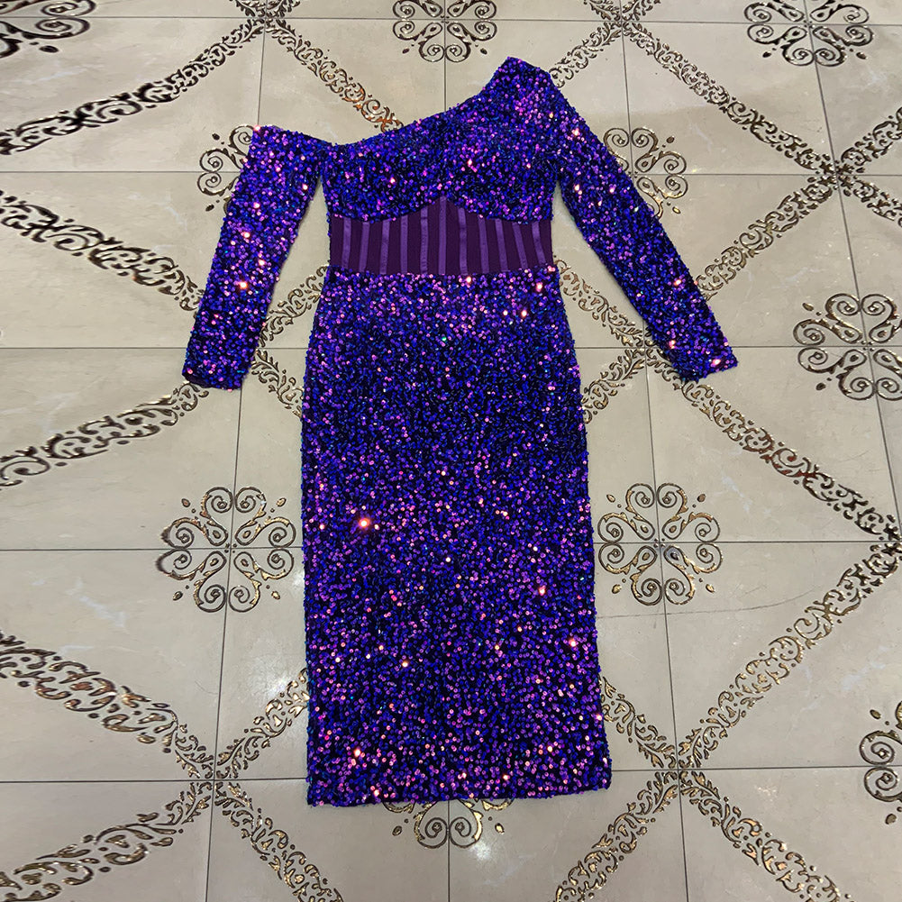 One Shoulder Long Sleeve Sequined Midi Bodycon Dress