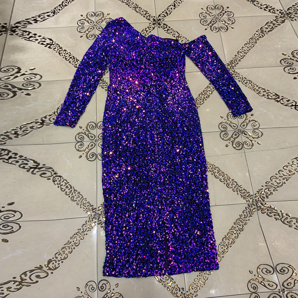 One Shoulder Long Sleeve Sequined Midi Bodycon Dress