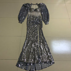 High Neck Long Sleeve Sequined Maxi Bodycon Dress