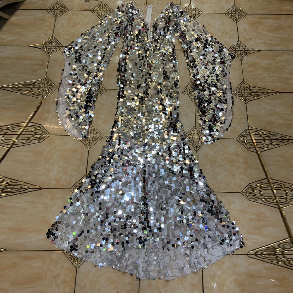 V Neck Long Sleeve Maxi Sequins Bodycon Dress