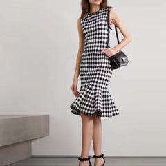 Round Neck Sleeveless Midi Plaid Bodycon Dress