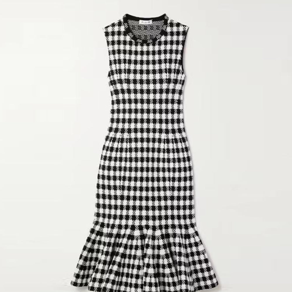 Round Neck Sleeveless Midi Plaid Bodycon Dress