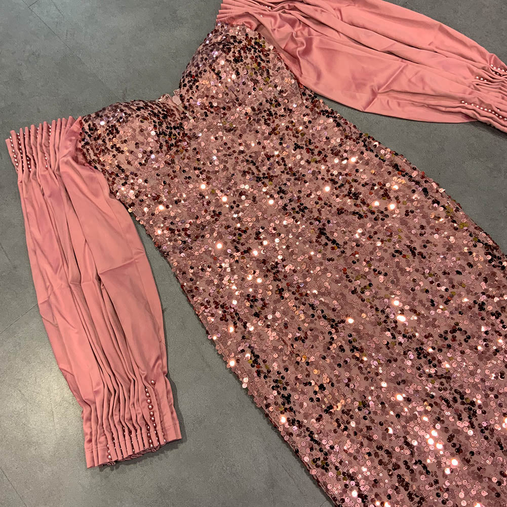 Off Shoulder Long Sleeve Sequins Maxi Bodycon Dress