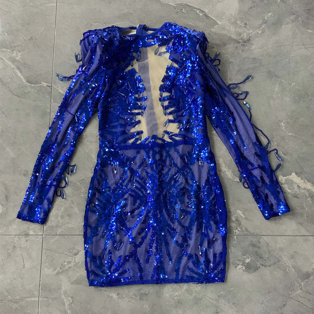 Round Neck Long Sleeve Sequins Mini Bodycon Dress