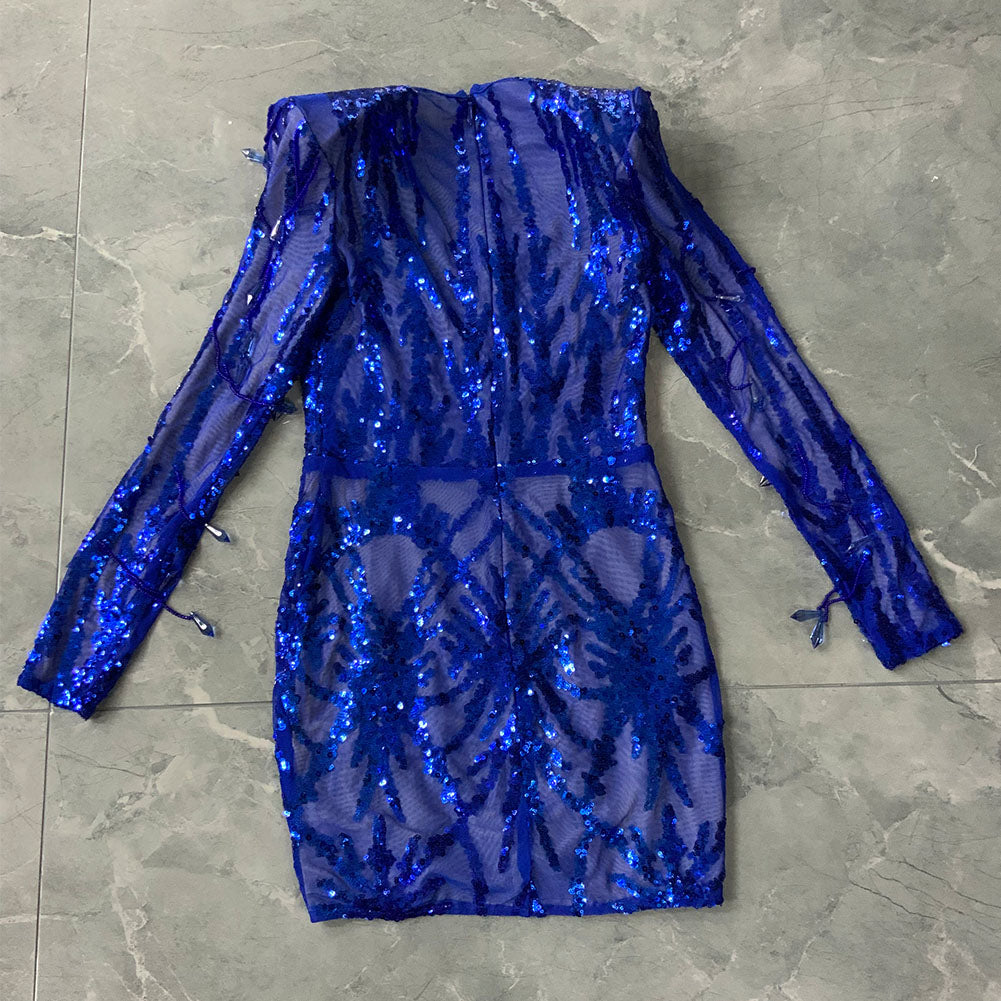 Round Neck Long Sleeve Sequins Mini Bodycon Dress