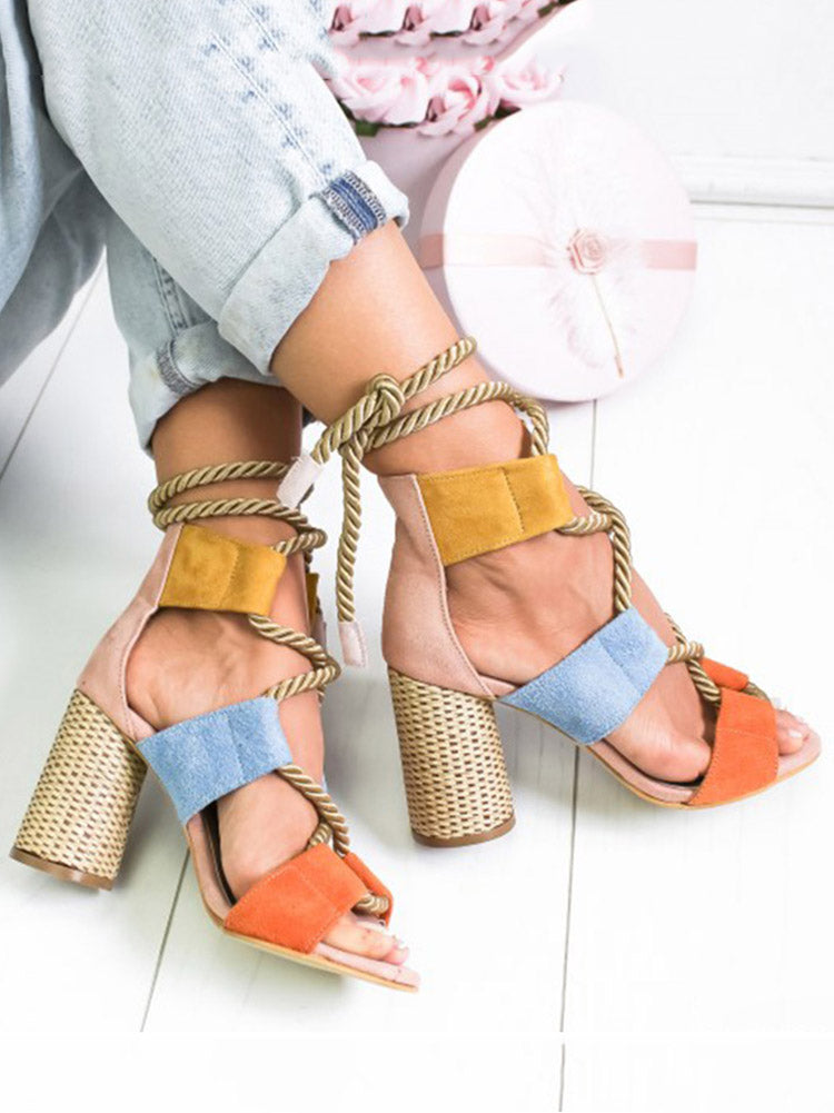 Lace Up Chunky Heel Sandals