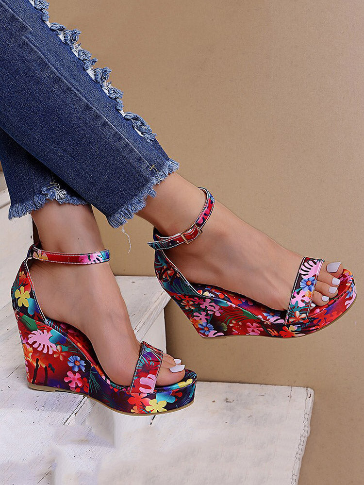 Printed Tropical Style Platform Sandals