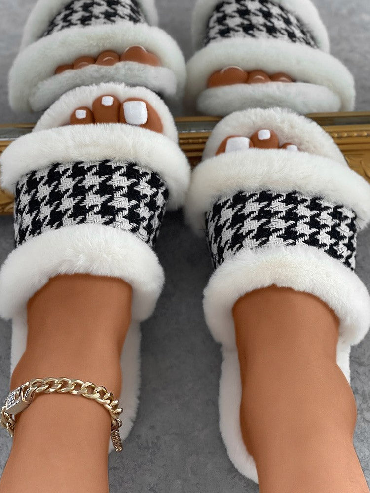 Houndstooth Fluffy Slides