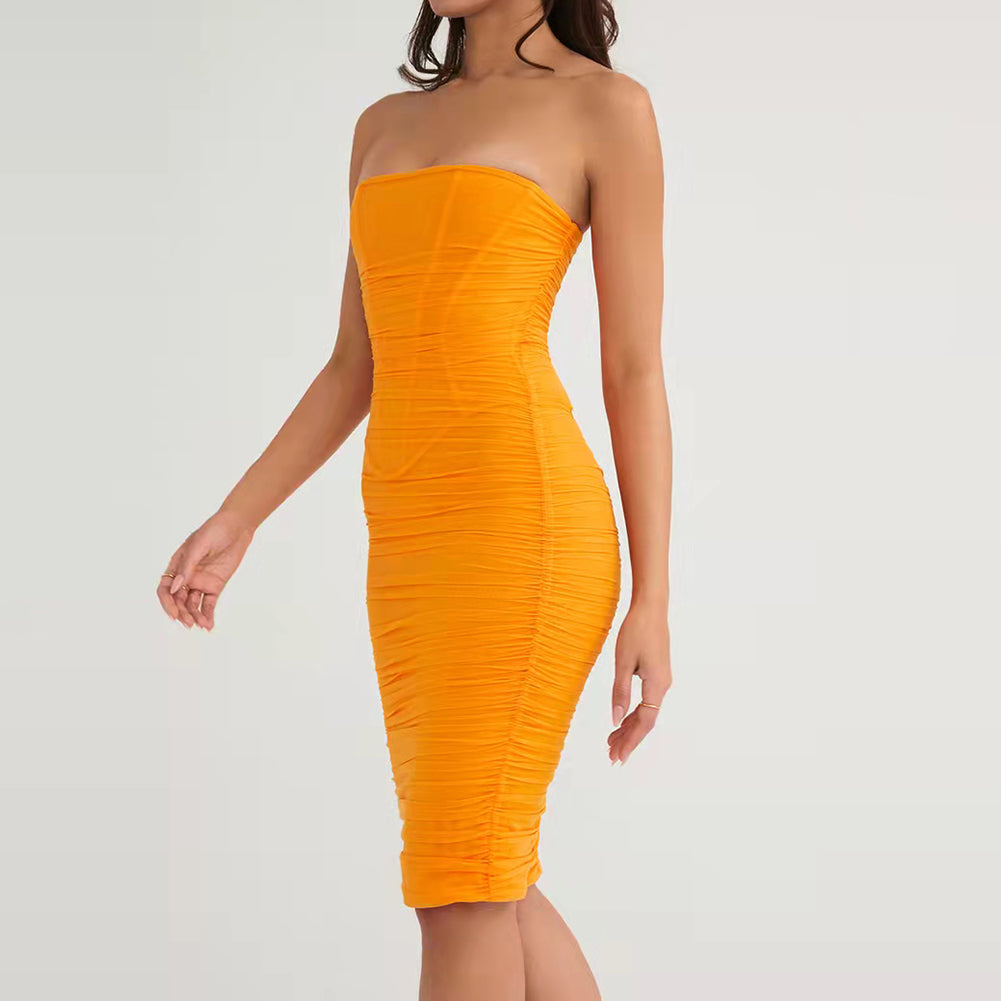 Strapless Sleeveless Midi Wrinkled Bodycon Dress