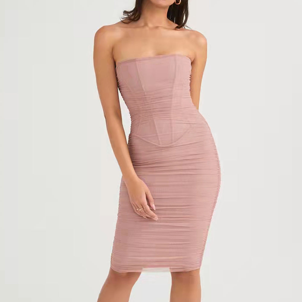 Strapless Sleeveless Midi Wrinkled Bodycon Dress