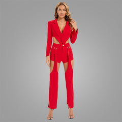 V Neck Long Sleeve Exposed Waist Bodycon Jumpsuit