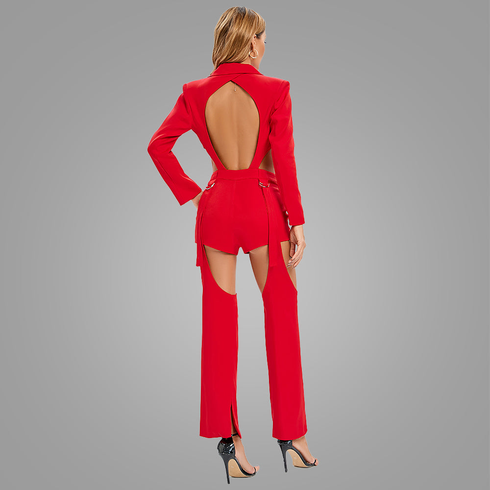 V Neck Long Sleeve Exposed Waist Bodycon Jumpsuit