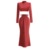 Velour Long Sleeve Exposed Waist Two Piece Set