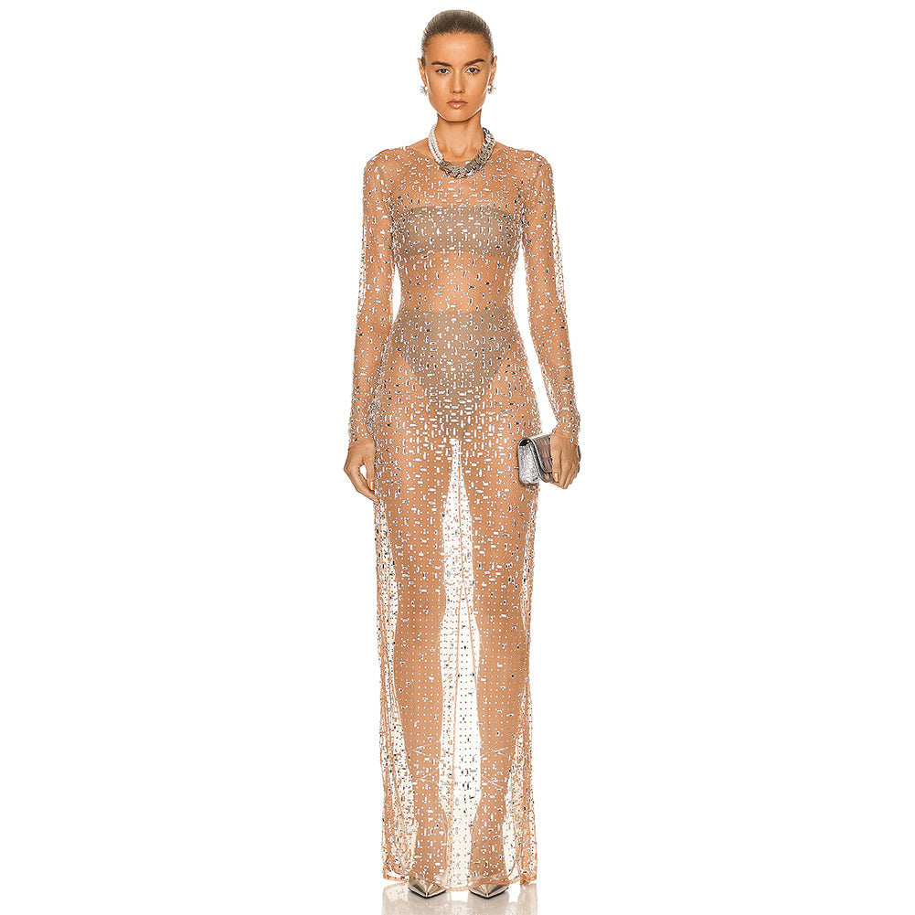 Round Neck Long Sleeve Rhinestone Maxi Bodycon Dress