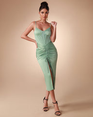 Strappy Satin Corset Ruched Midi Dress