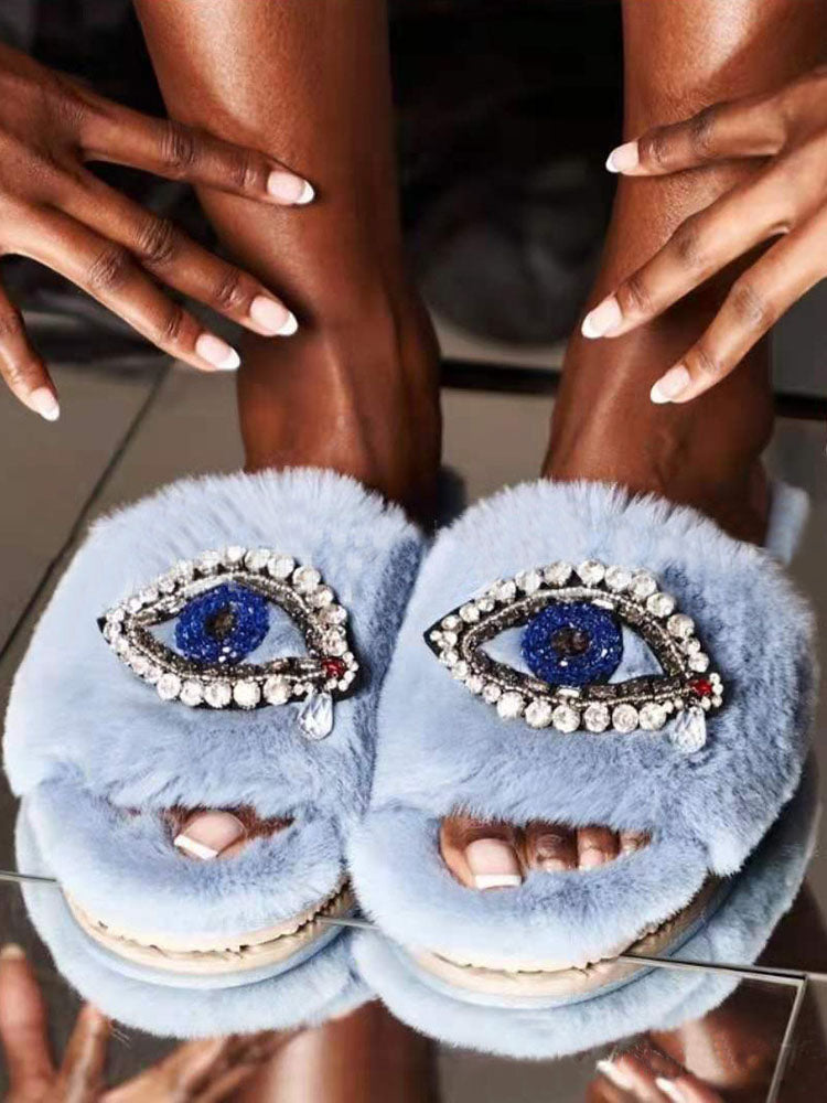 Evil Eye Rhinestone Fluffy Slides