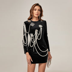 Pearl Badge Embellished Velvet Mini Dress