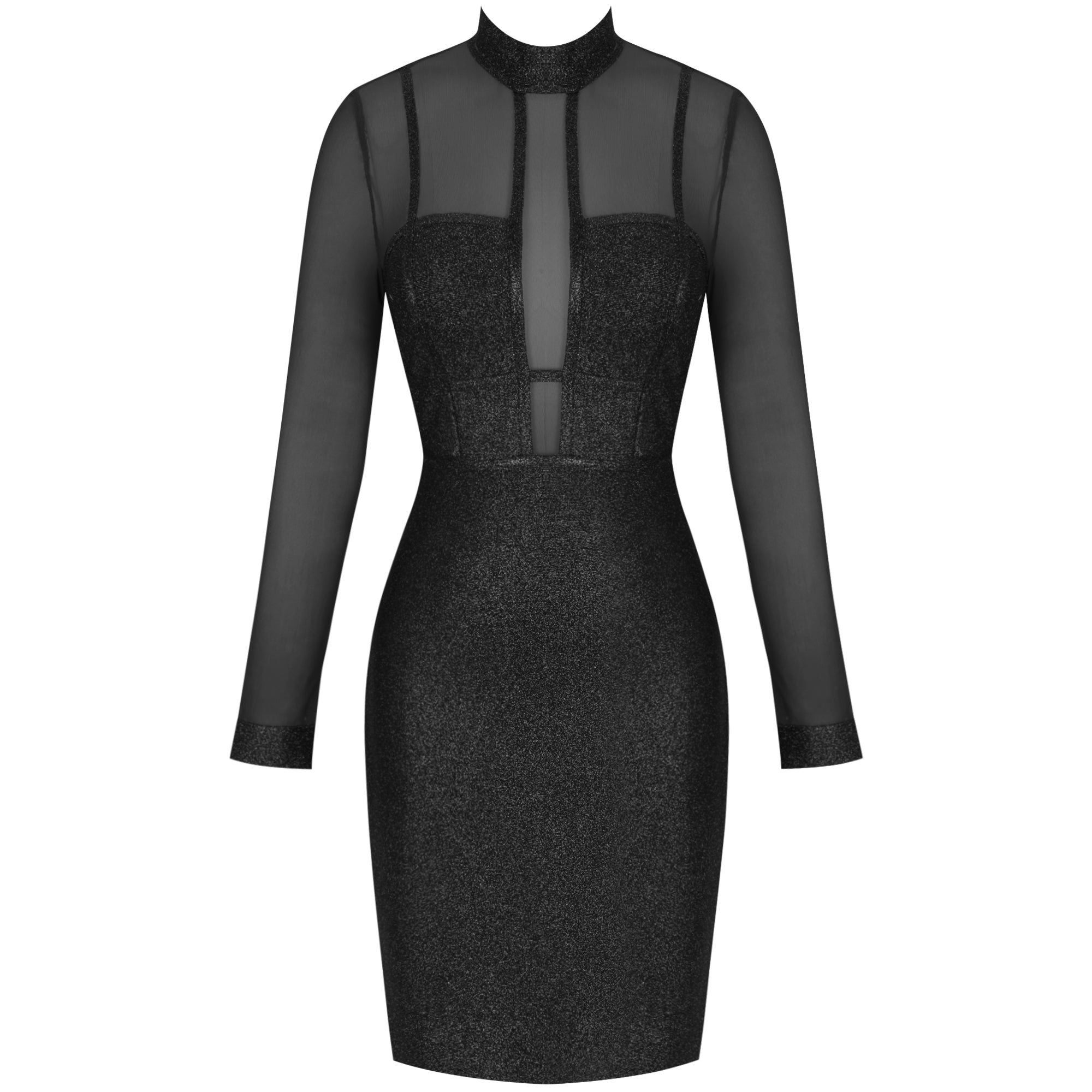 High Neck Long Sleeve Mesh Midi Bandage Dress