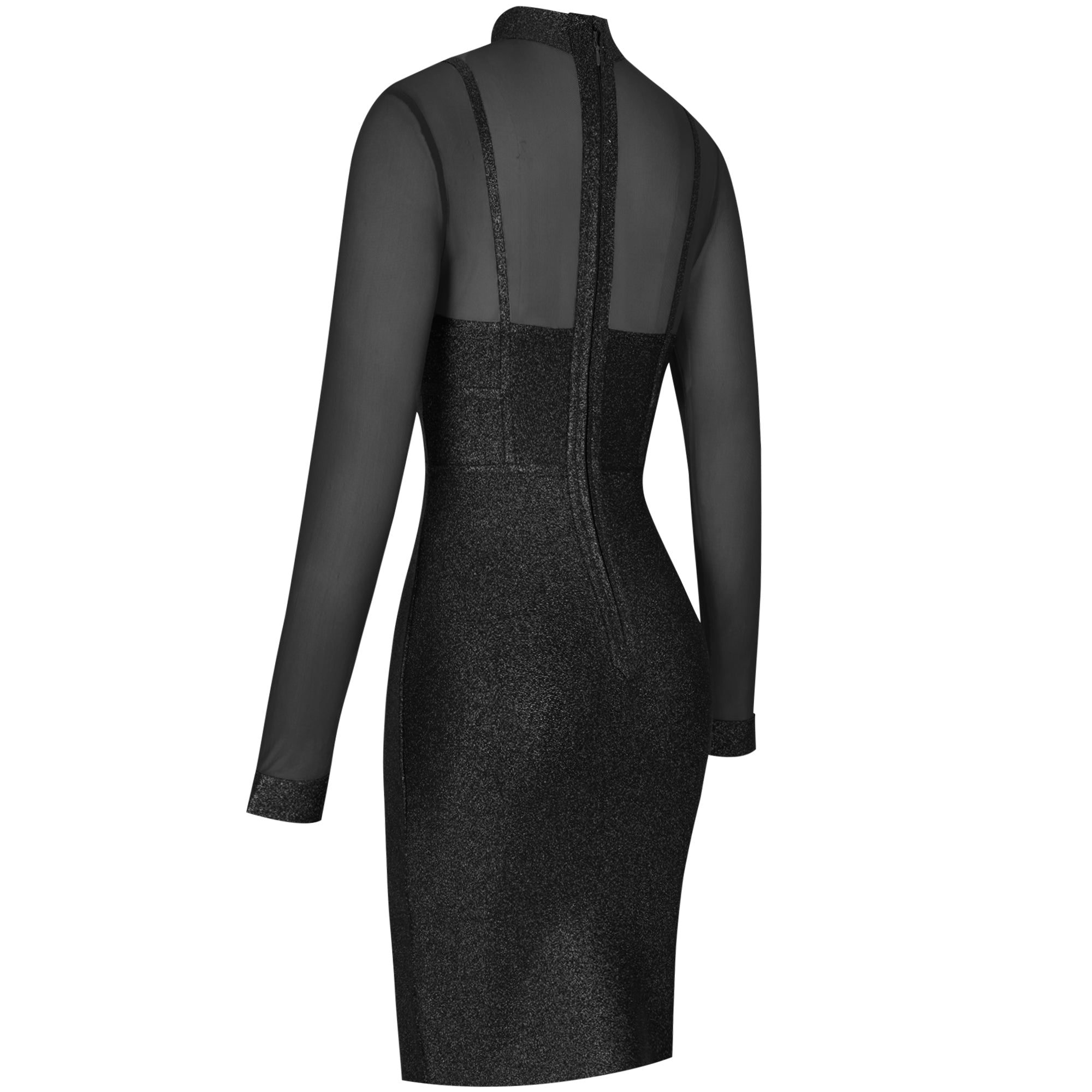 High Neck Long Sleeve Mesh Midi Bandage Dress