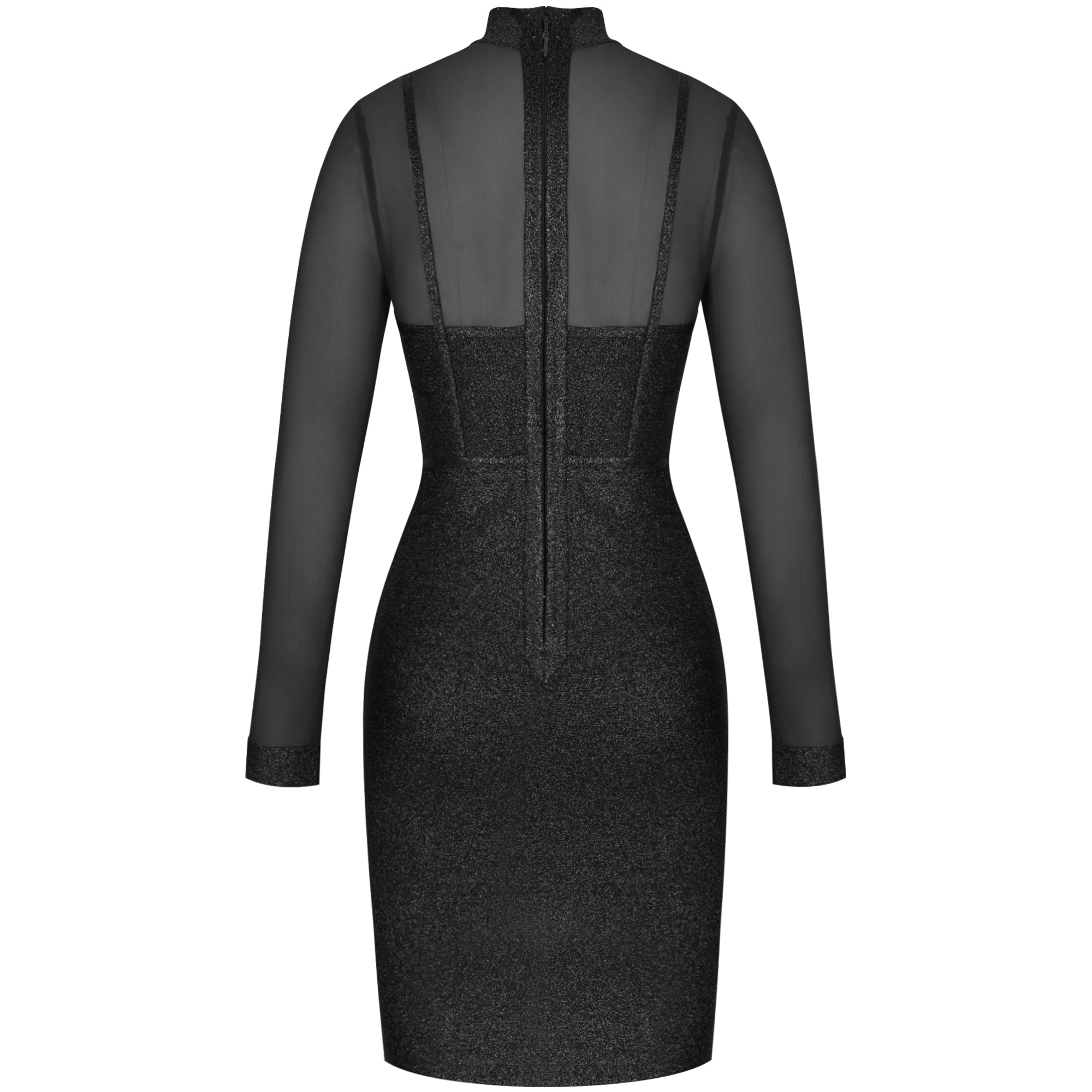 High Neck Long Sleeve Mesh Midi Bandage Dress