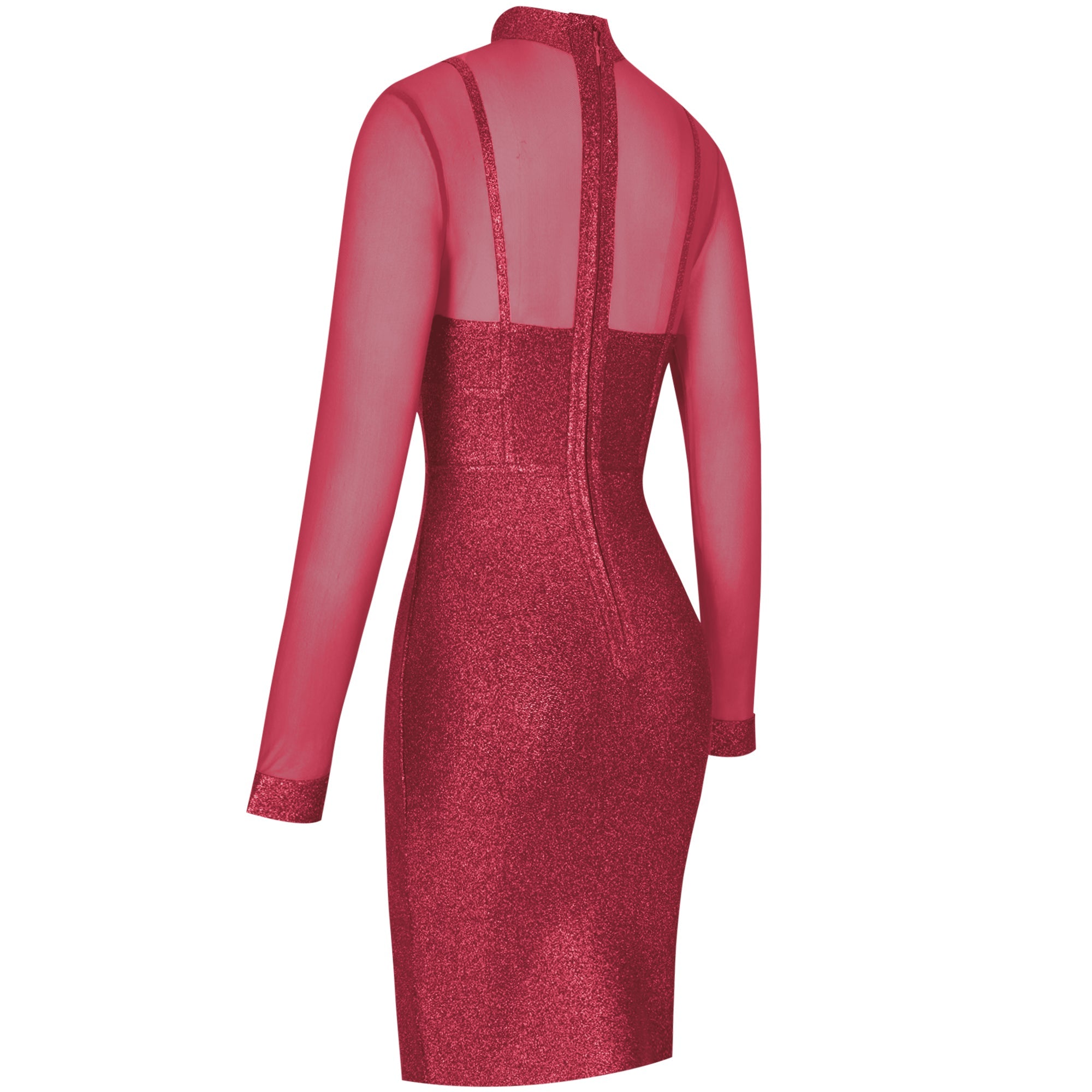 High Neck Long Sleeve Mesh Midi Bandage Dress