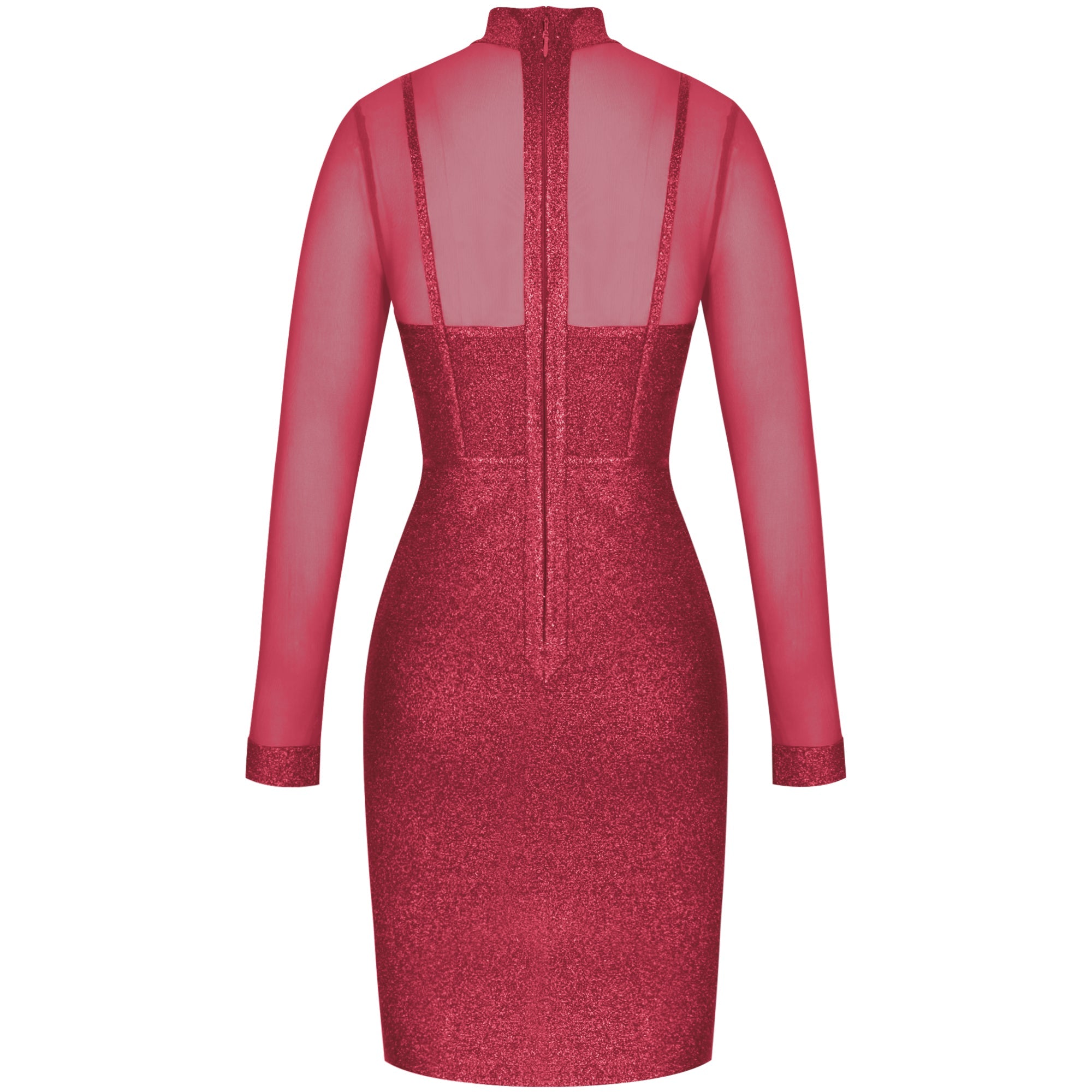 High Neck Long Sleeve Mesh Midi Bandage Dress