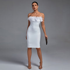 Strapless Sleeveless Feather Midi Bandage Dress