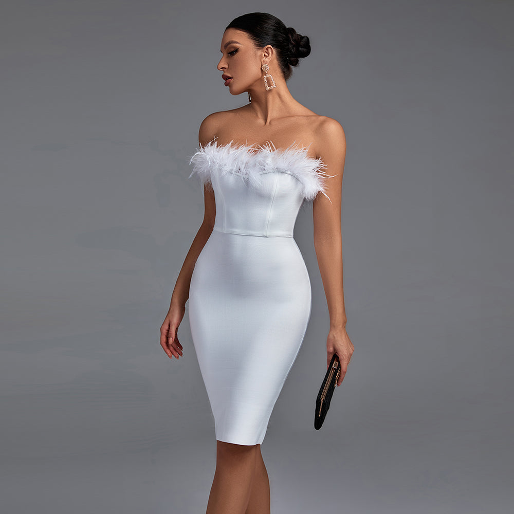 Strapless Sleeveless Feather Midi Bandage Dress