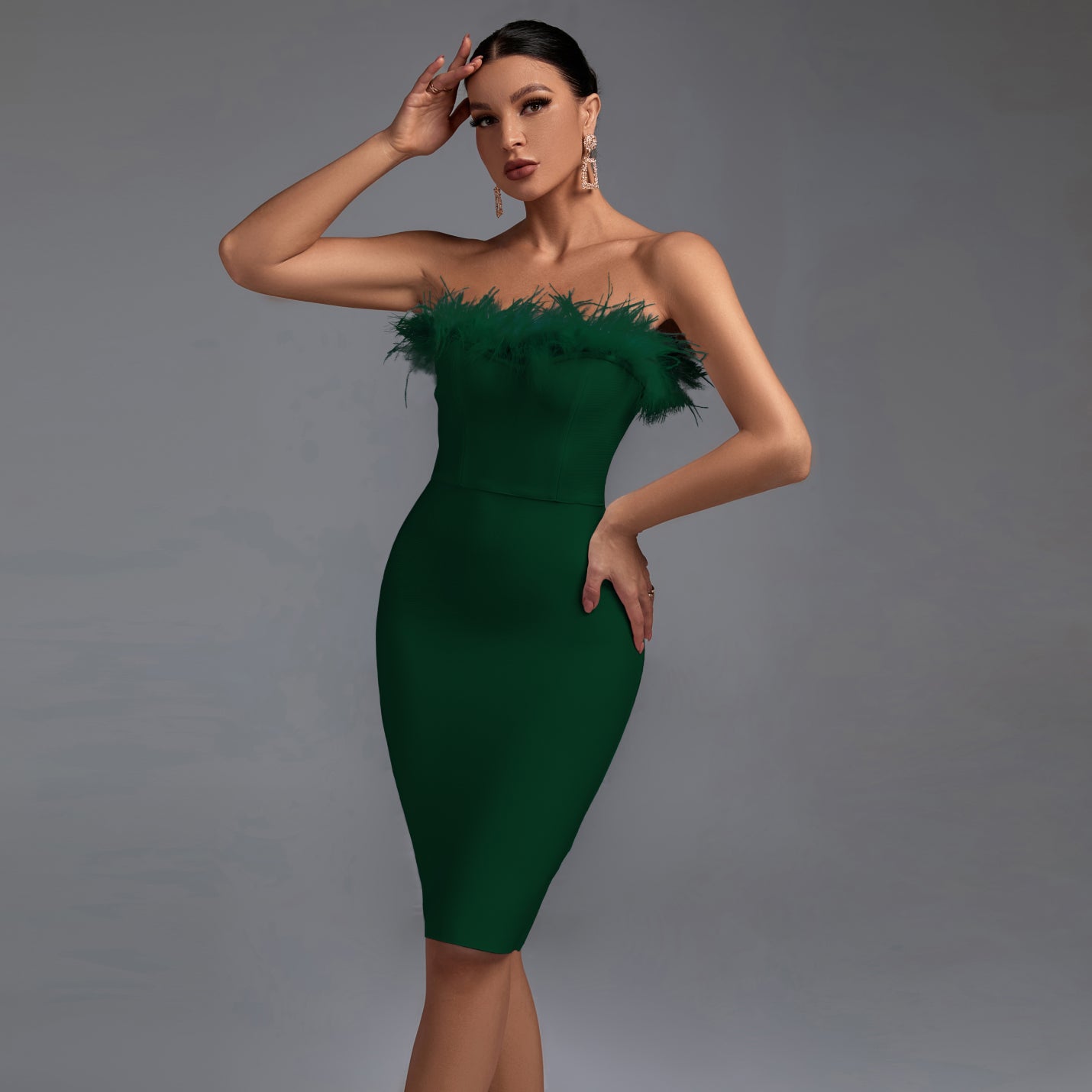 Strapless Sleeveless Feather Midi Bandage Dress