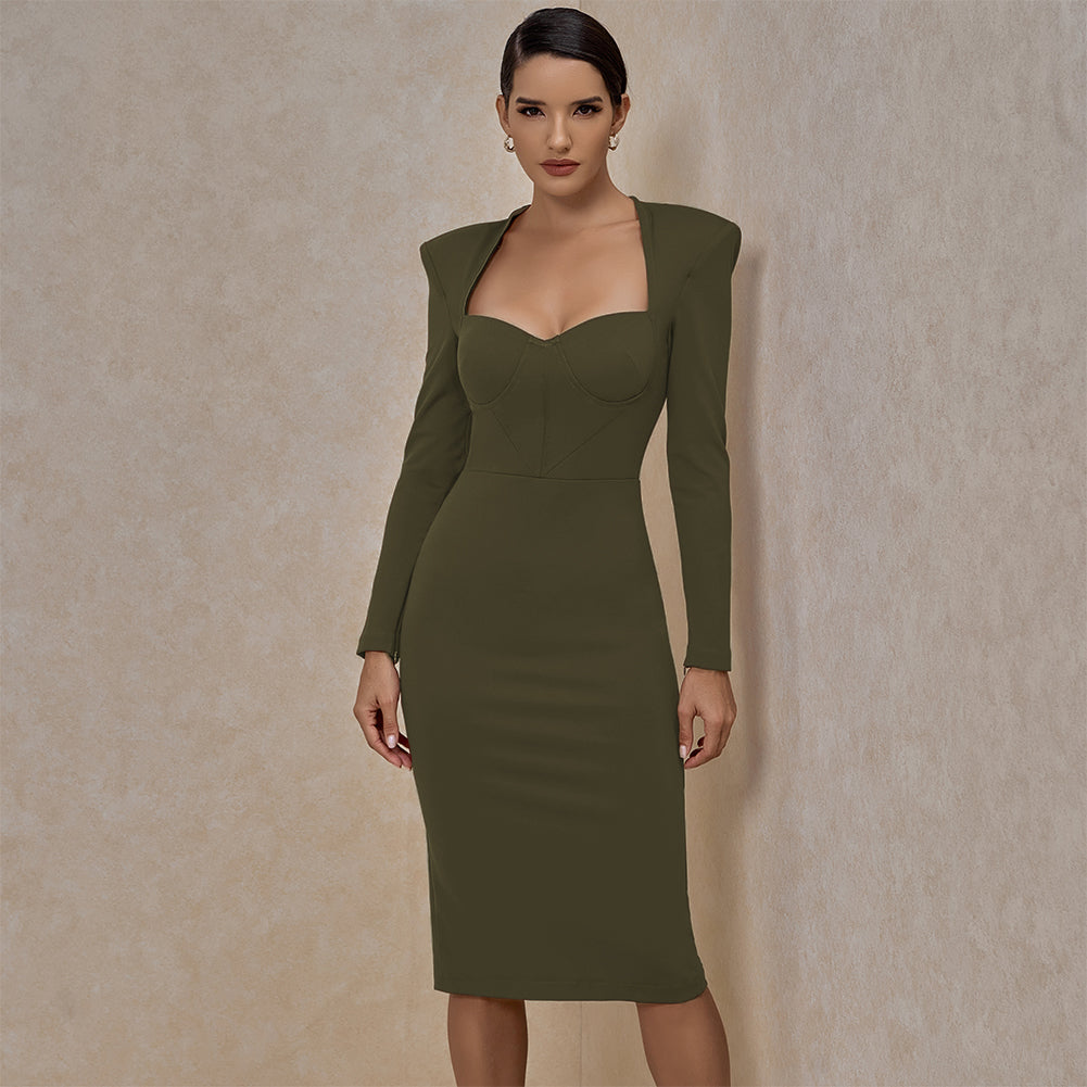 Square Collar Long Sleeve Plain Over Knee Bandage Dress