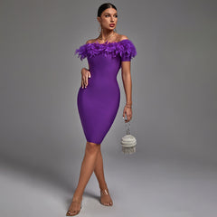 Off Shoulder Short Sleeve Feather Midi Bandage Dress