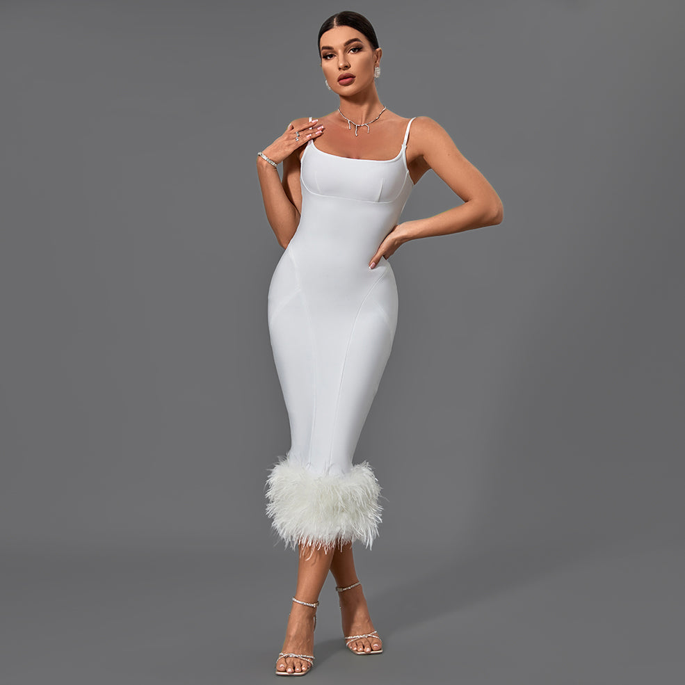 Strappy Feather Midi Bandage Dress