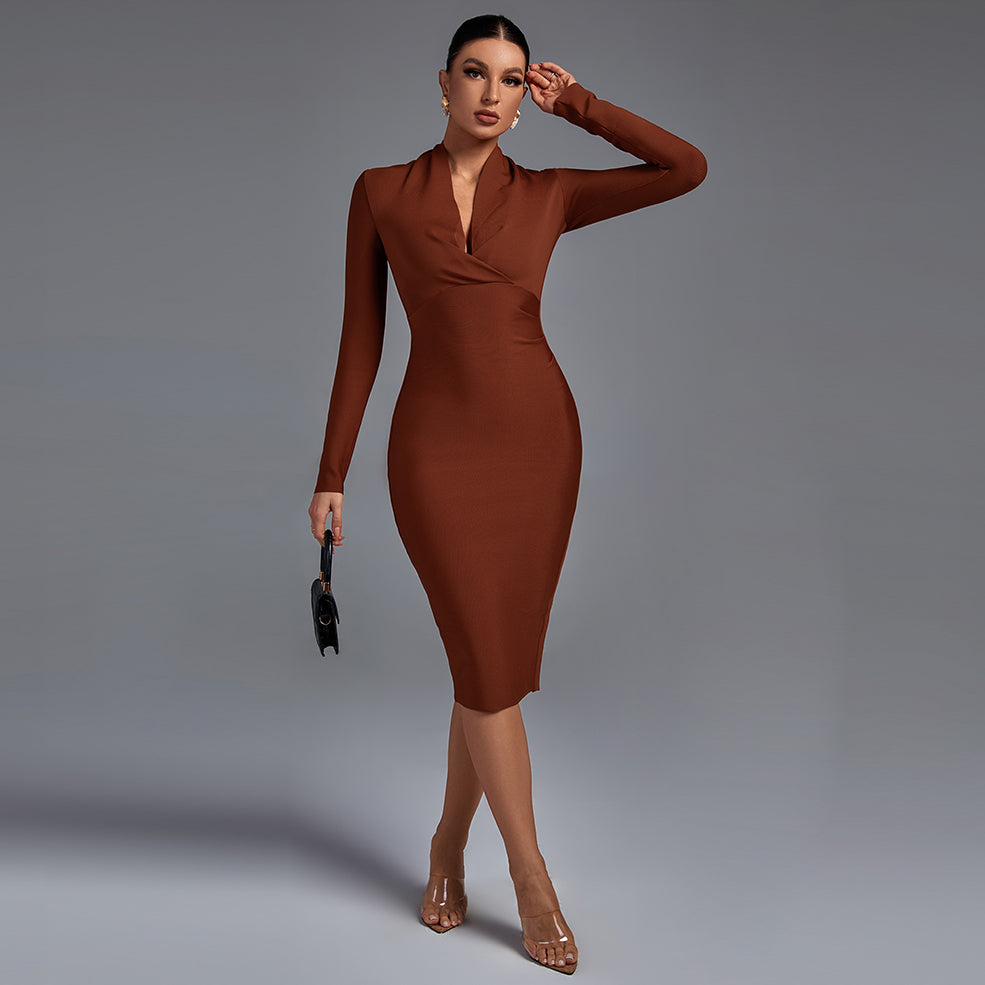 V Neck Long Sleeve Bandage Dress