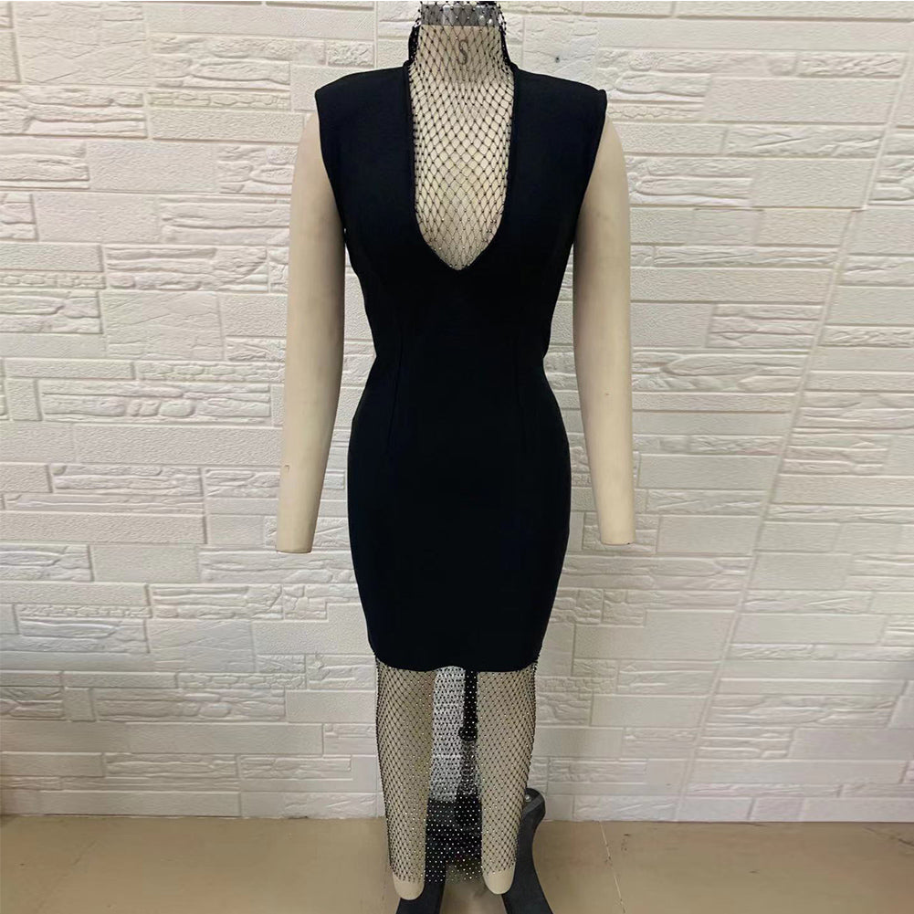 High Neck Sleeveless Mesh Over Knee Bandage Dress