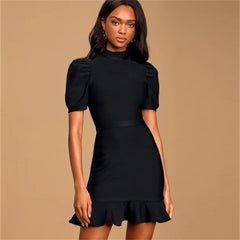 High Neck Short Sleeve Frill Mini Bandage Dress