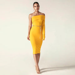 Off Shoulder One Sleeve Midi Bandage Dress