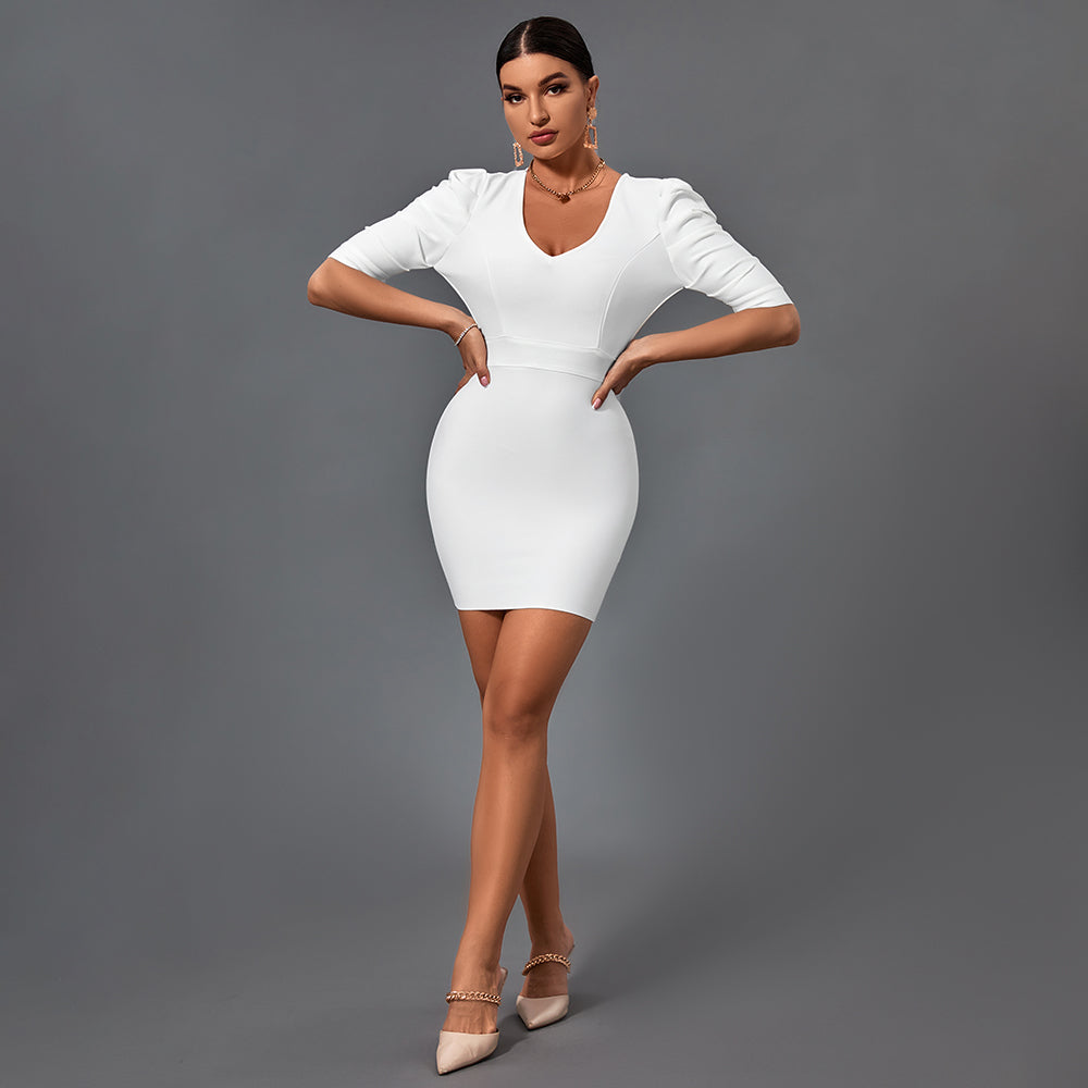 V Neck Mid Sleeve Backless Mini Bandage Dress